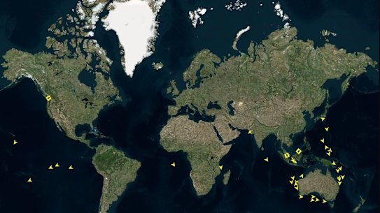 At least 55 ships carrying oil and refined fuel are headed for Australia by the end of April. Arrows are ships en route to Australia; squares are still at port.